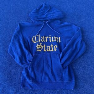 Vintage Clarion State Hoodie Sweatshirt Script Small Blue Pullover Raglan 80s